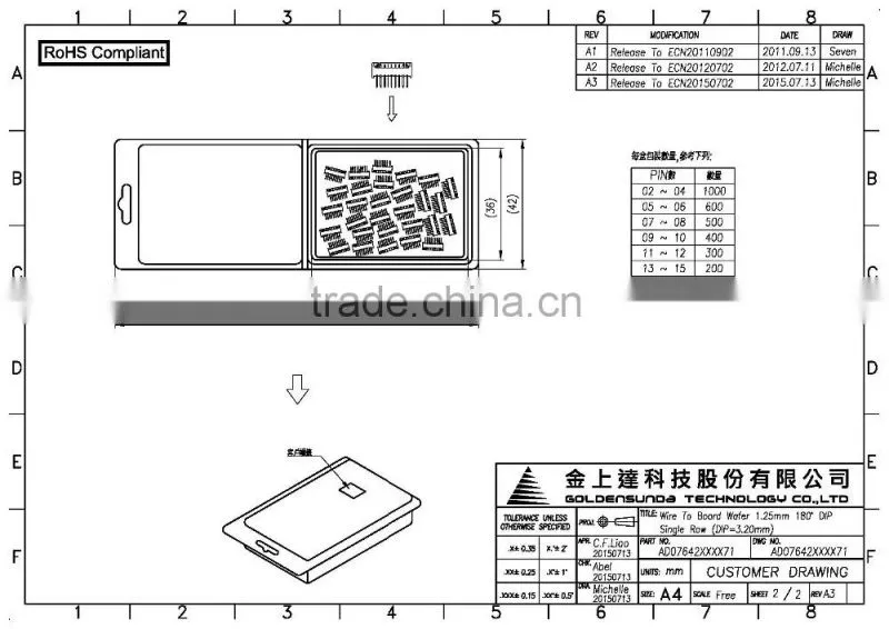 1.25mm Pitch Electronic Wire to Board 8 Pin Connector 2 ~ 15 Pin Available