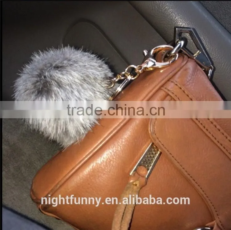 No Dye Grey Cute Genuine Rabbit fur ball pom pom keychain for car key ring Bag Pendant