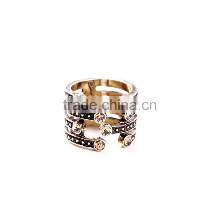 2015 china cheap wholesale fashion crystal statement ring multi layered antique gold ring