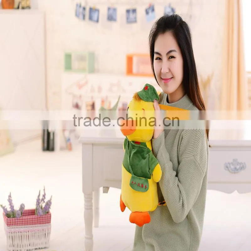 30cm lovely customized yellow stuffed plush strawberry duck doll animal backpack with strawberry-printed T-shirt