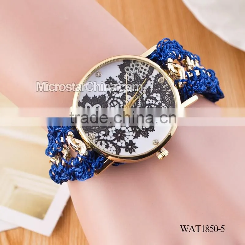 DIY hand made woven chain black flower fashion lady watch