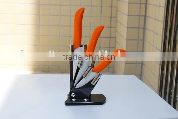 Elegant design handle in orange color ceramic knife fruit knife+paring knife+utility knife set in acrylic stand