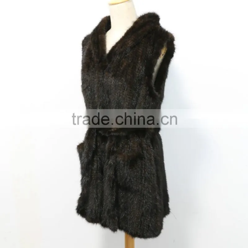 Fashion genuine knitted mink fur vest with hood for women M2902