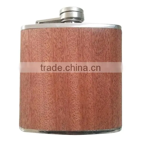 Wholesale custom design stainless steel hip flask with real wooden wrap