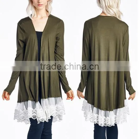 Women Nylon Spandex Stretch Blend Olive Lace Trim Open Cardigan 2017 New Arrival