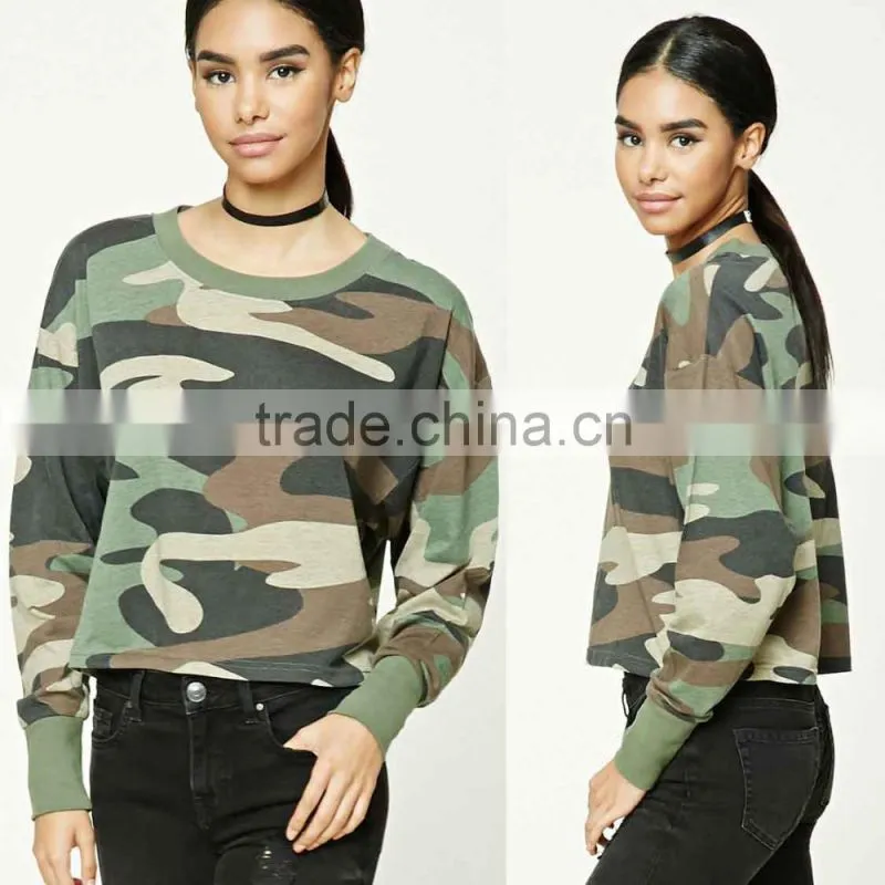 Latest Tops Designs Girls Women Long Sleeves Round Neck Cropped Camo Print Tee Camo Sweatshirts