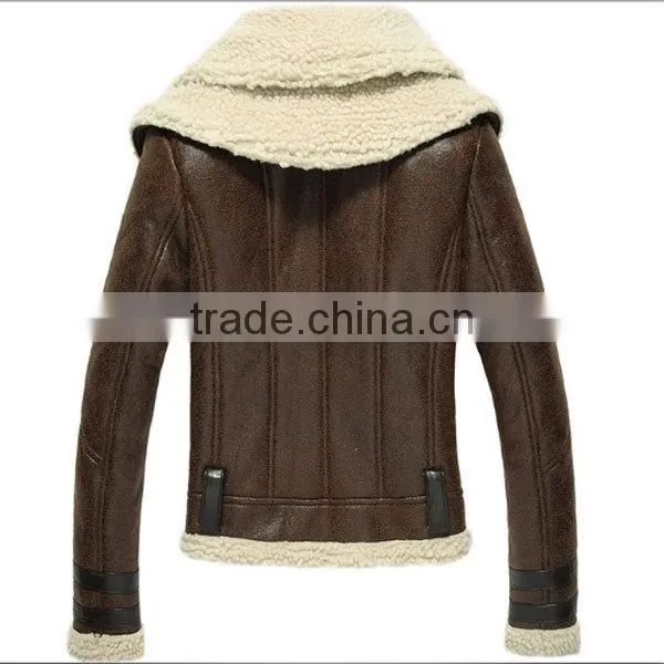 2014 brown lamb wool shearling women leather jacket with fur collar