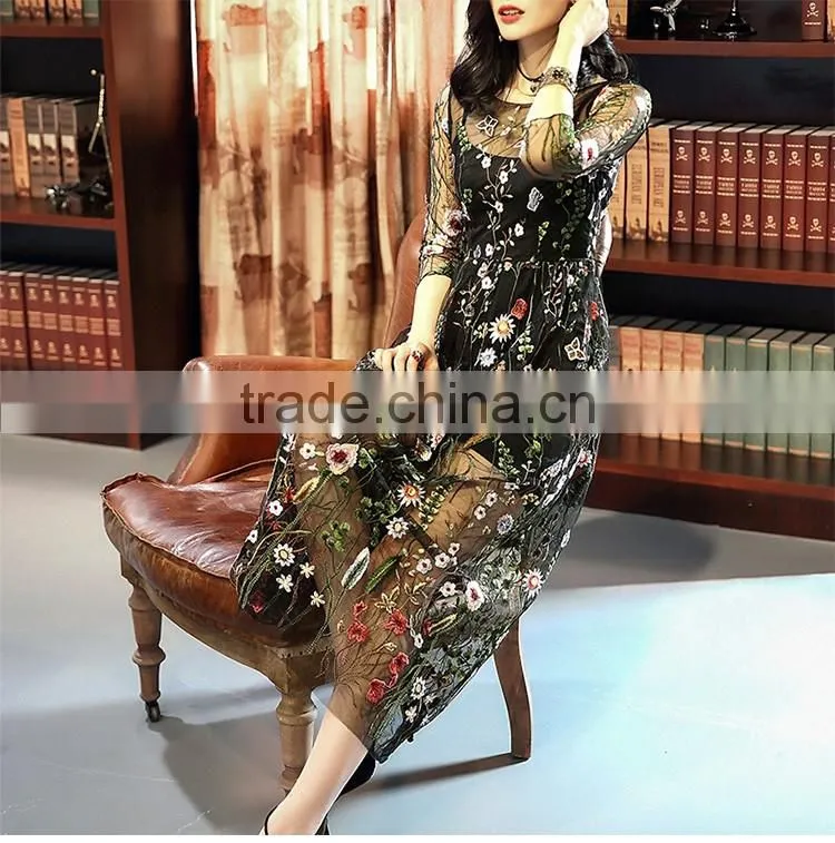 Maxnegio maxi dress woman long sleeve embroidery guinea brocade women casual dress