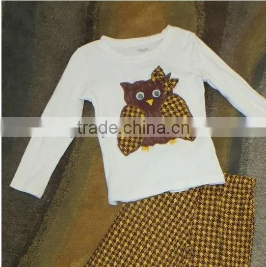 Adorable Handmade Girls boy Fall School Owl Ruffle Pants Top Outfit Boutique