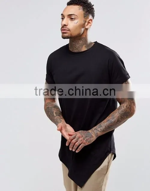 Men summer 100% cotton jersey asymetric hem plain crew neck black t-shirt wholesale OEM suppliers