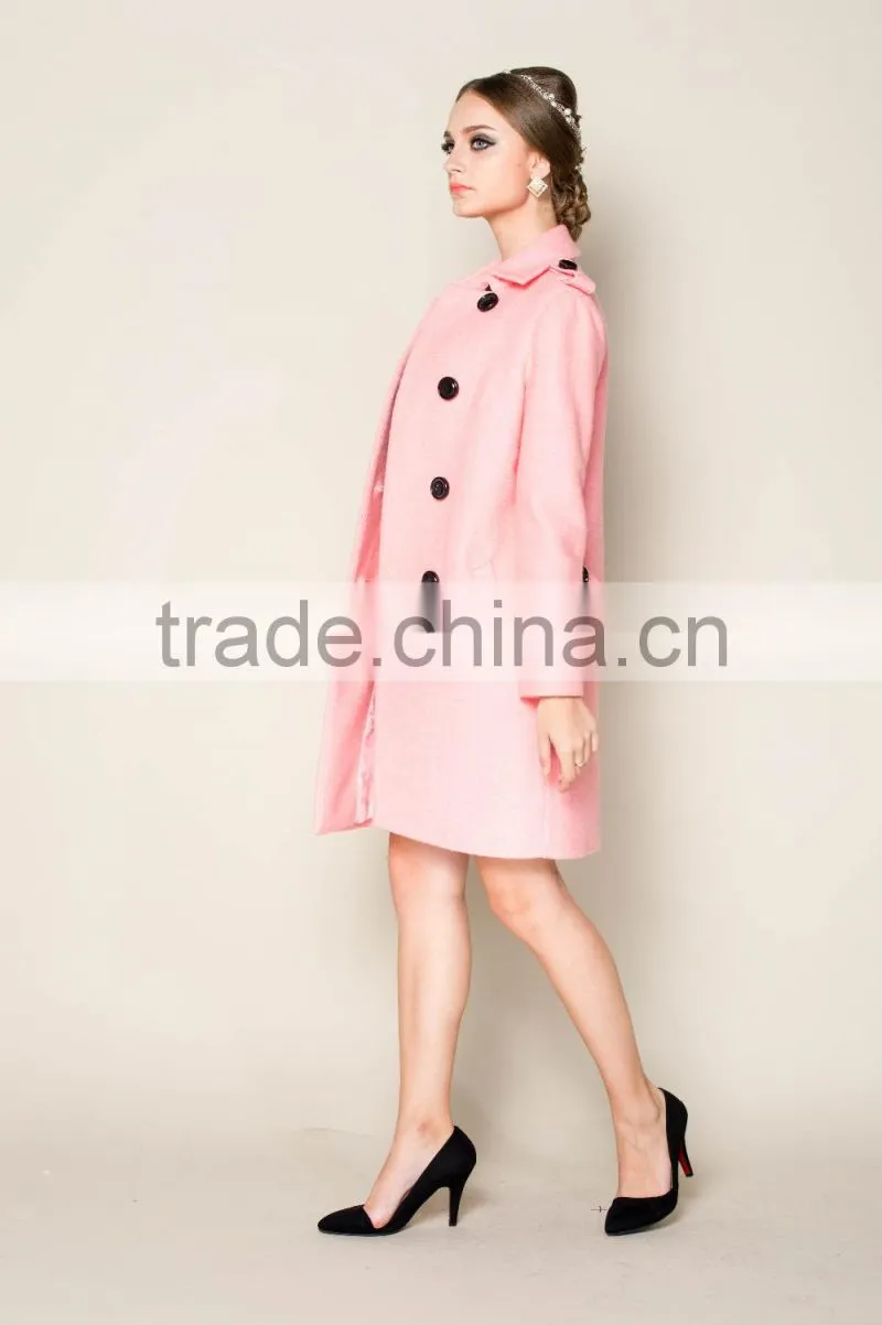 latest 2015 thick warm lovely pink women office coat with double breasted design