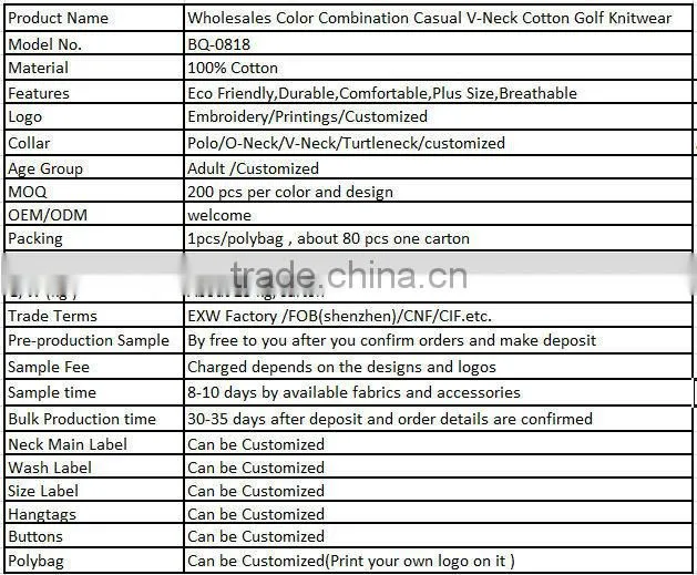 Wholesales Color Combination Casual V-Neck Cotton Golf Knitwear