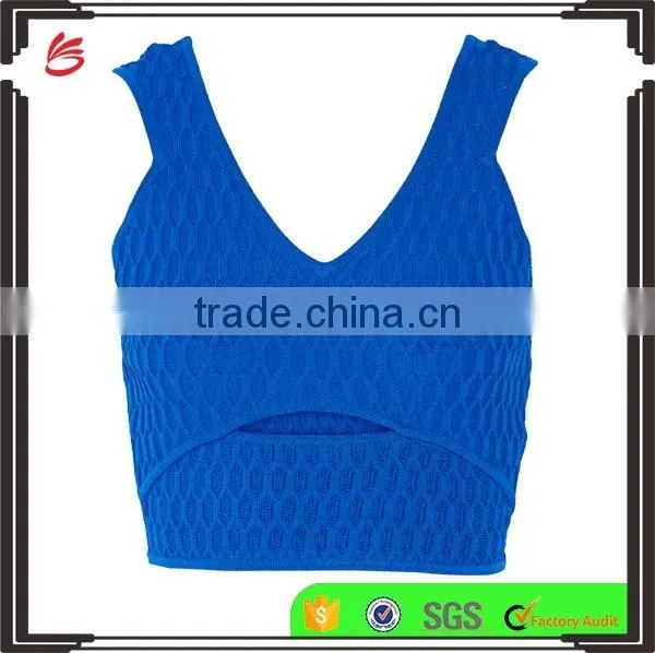 Sexy Designed Deep V-Neck Plain Blue Sweater Crop Top for Ladies