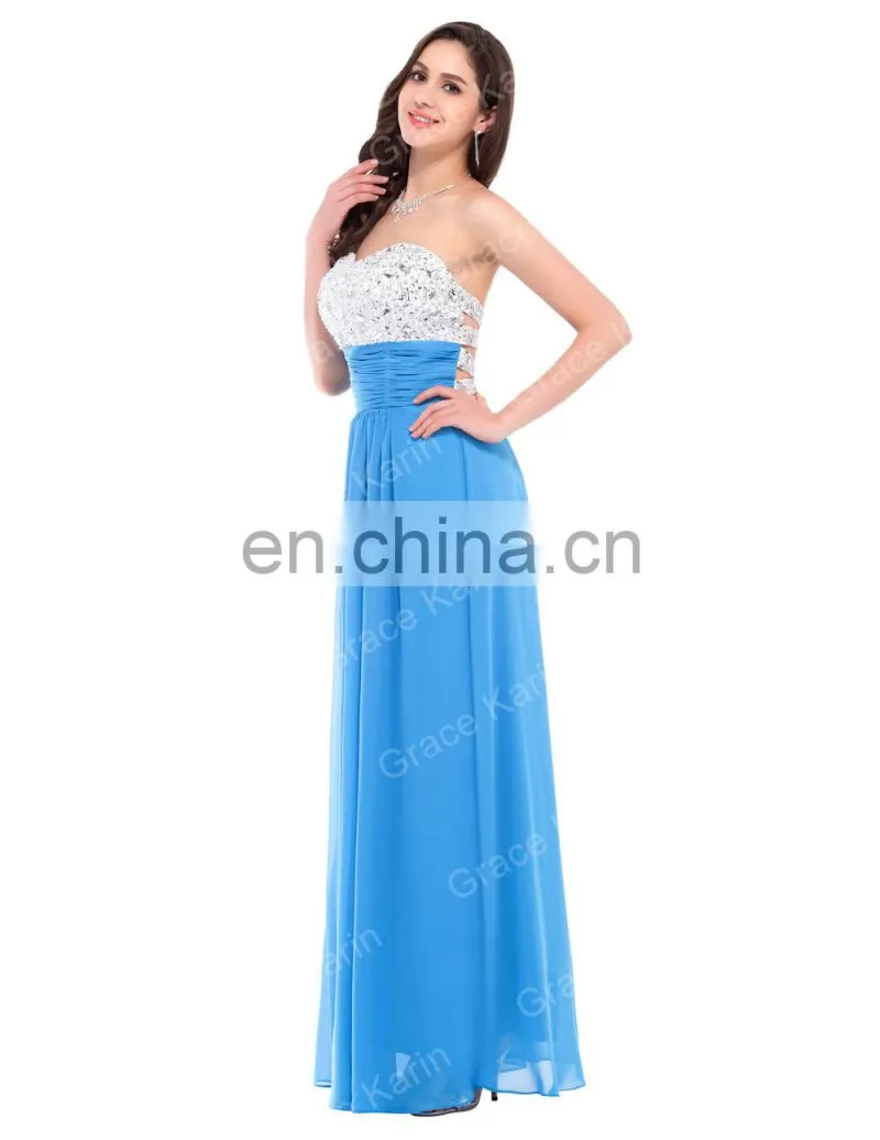 2015 Grace Karin Stocks Sleeveless Beads Sexy Backless Chiffon Prom Dress Pink CL3424-2#