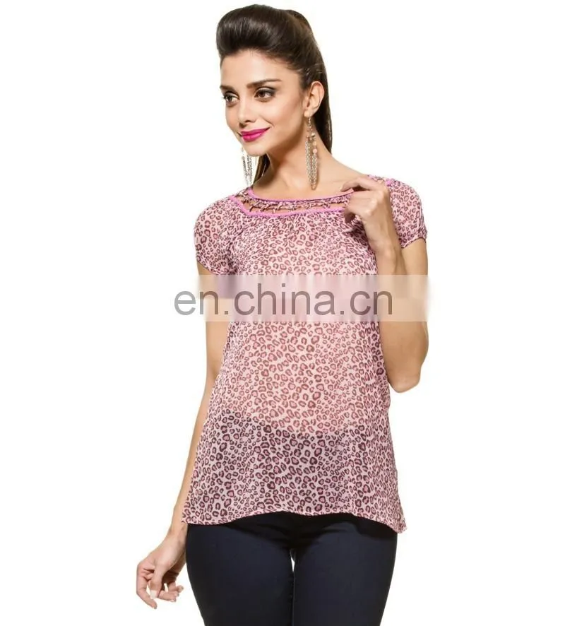 2015 Latest Animal Print Kaftan For Ladies And Girls Pink Animal Printed Georgette Top