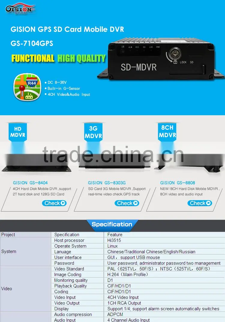 GPS MDVR ,H.264 4CH SD Card Mobile DVR ,Built-in G-Sensor ,DC8-36V