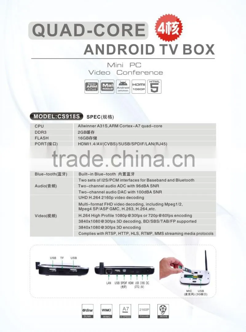 New arrival! A31 Quad Core tv box with Camera Android4.2 tv box CS918S