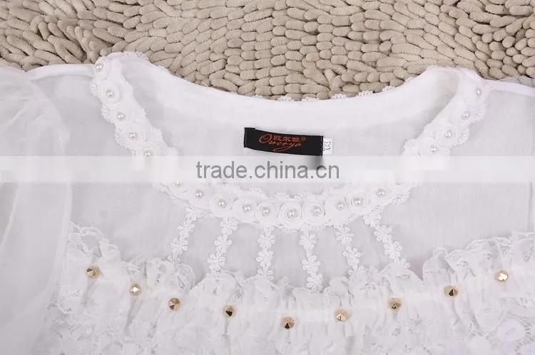 2015 women's T-shirt with long sleeves gauze splicing thin render unlined upper garment to bigger sizes Lace hollow out
