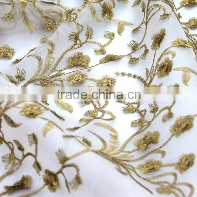 East fashion organza water soluble lace embroidery fabric on chiffon with gold thread for dress