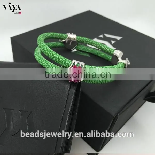 2016 Fashion Silver Plated Black Colors Genuine Leather Bracelet Custom Men Yellow Python Leather