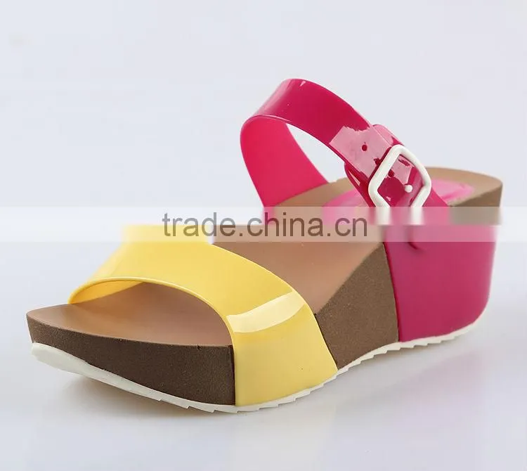 2015 Women Jelly PVC Slipper shoes Stitching Color PU Wedge Sandals PU Wedges Shoes