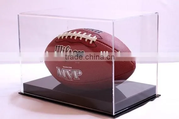 Customized Rugby ball display case full size acrylic with black acrylic base