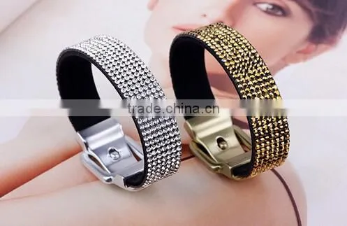 Trendy women's crystal buckle bracelet leather/