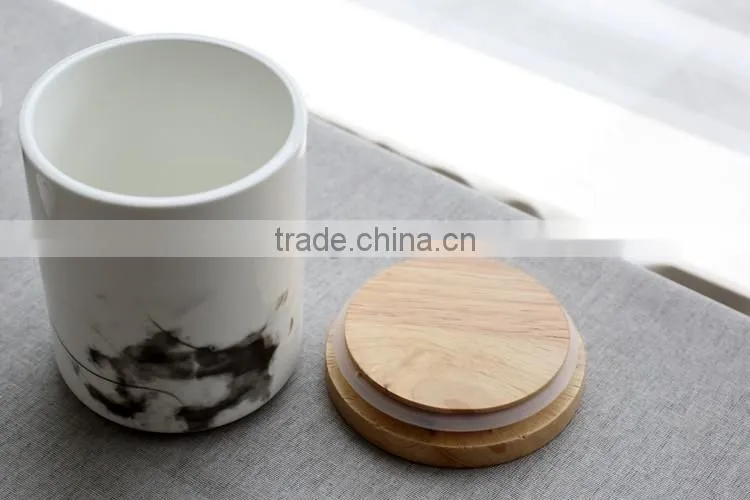 household ceramic cannister with wooden lid