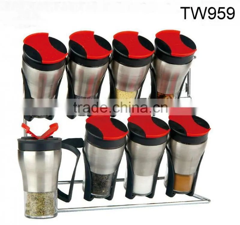 TW901T3 6pcs glass spice jar set with stainless steel casing and plastic stand