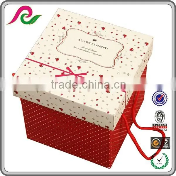 Stronger folding corrugated paper box with red handle for gift packaging