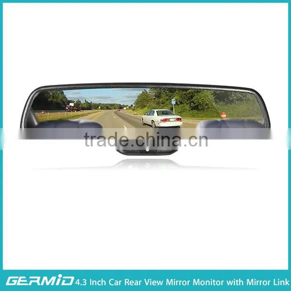 Newest mirror link interface for audi germid rearview mirror, 4.3 inch lcd rearview mirror monitor with mini hidden camera