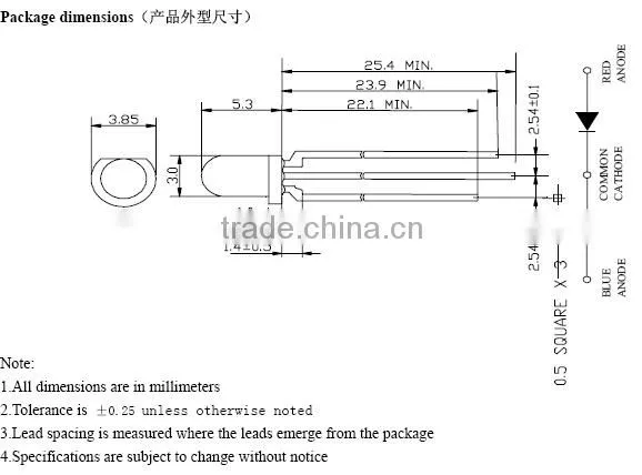 Through Hole Package Type and DIP LED Diodes 3mm Red Blue bicolor LED common cathode