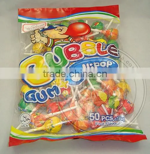 Fruit flavor lollipop with bubble gum