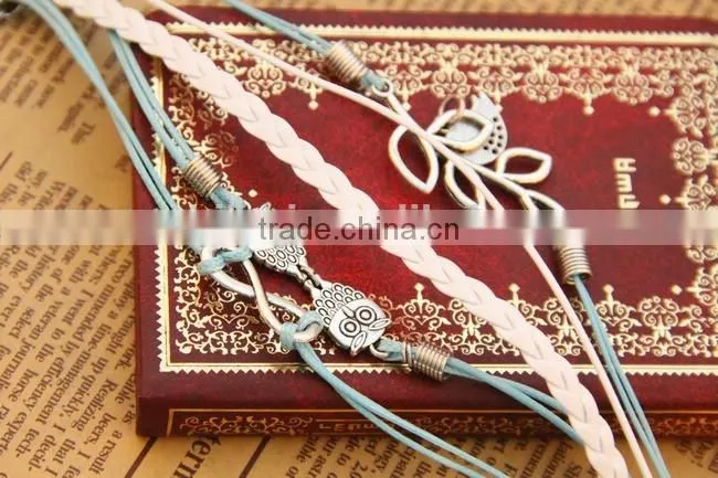 Fashion Vintage Leaf bird Infinity Cross Owl leather bracelet Multilayer leather bracelet