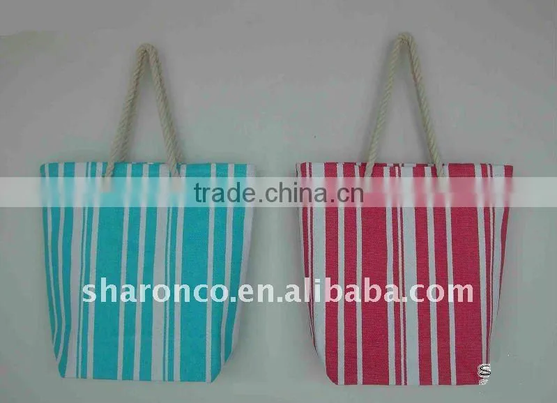 Candy strip paper straw fabric beach bag with handle
