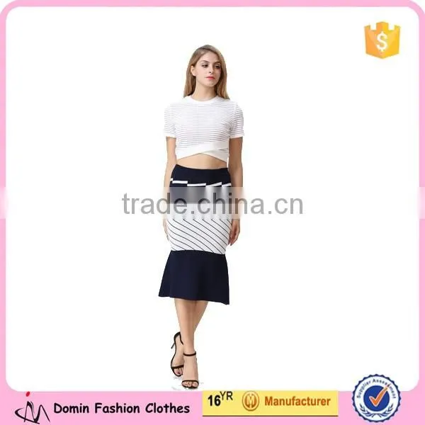 2016 New arrival white & black stripe knitted Crop and fishtail high waist knitted Skirt Co-ord Set