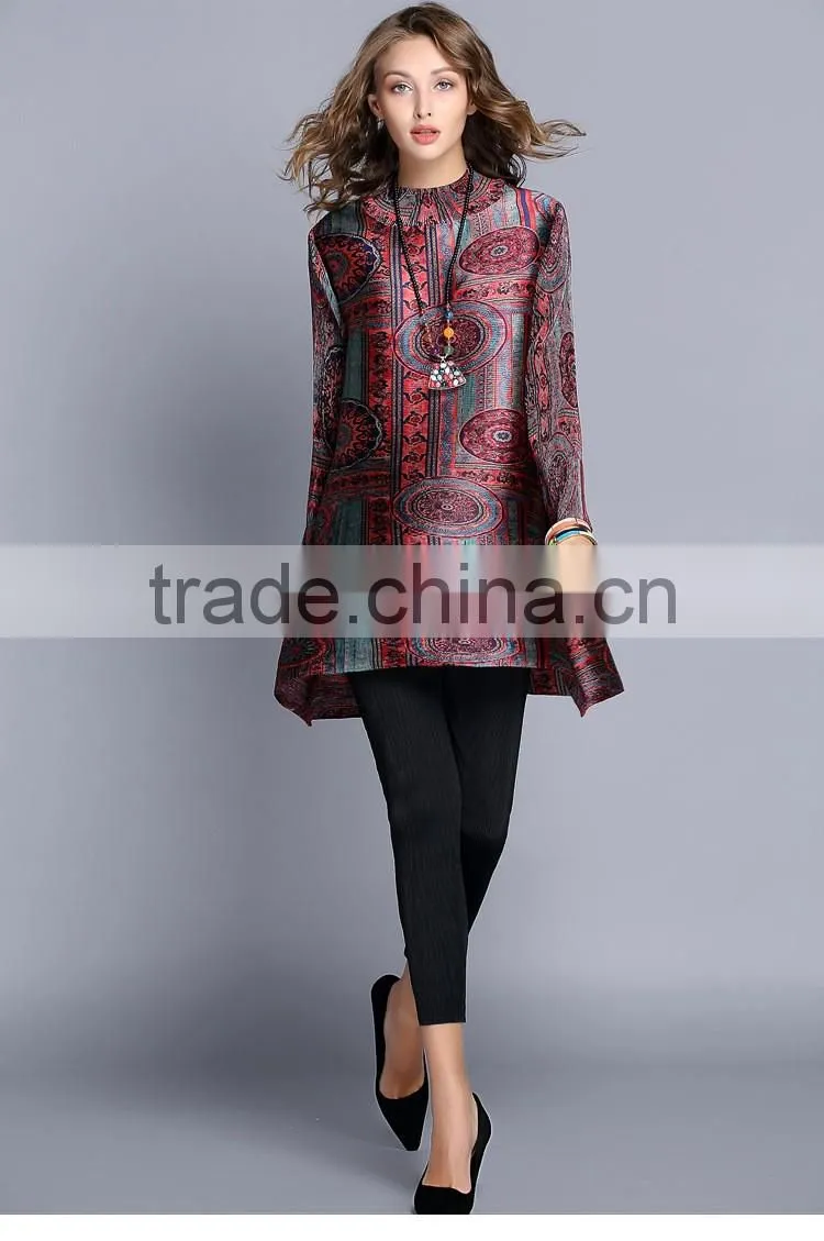Women drape vintage printed retro style long sleeve dresses