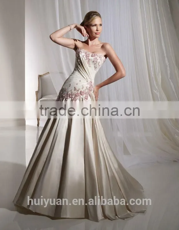 ivory strapless wedding dress with red flowers embroidery