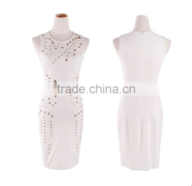 Maxnegio guangzhou clothing manufacturer vfemage with gold eyelet ladies casual dress