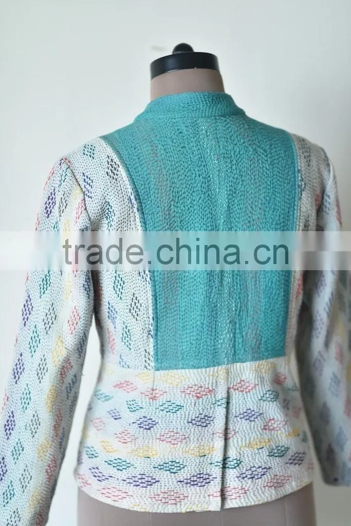 Vintage Kantha Jacket in Cream & Green Color ~ Extra Large
