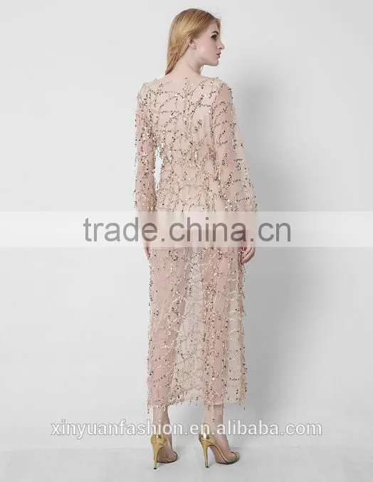 New long sleeves deep V sexy dress net yarn tassel sequins pictures of long skirts ladies formal skirt and blouse
