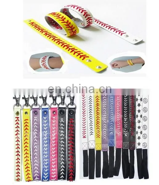 Sports Leather Softball Bracelet Keychain Headband set