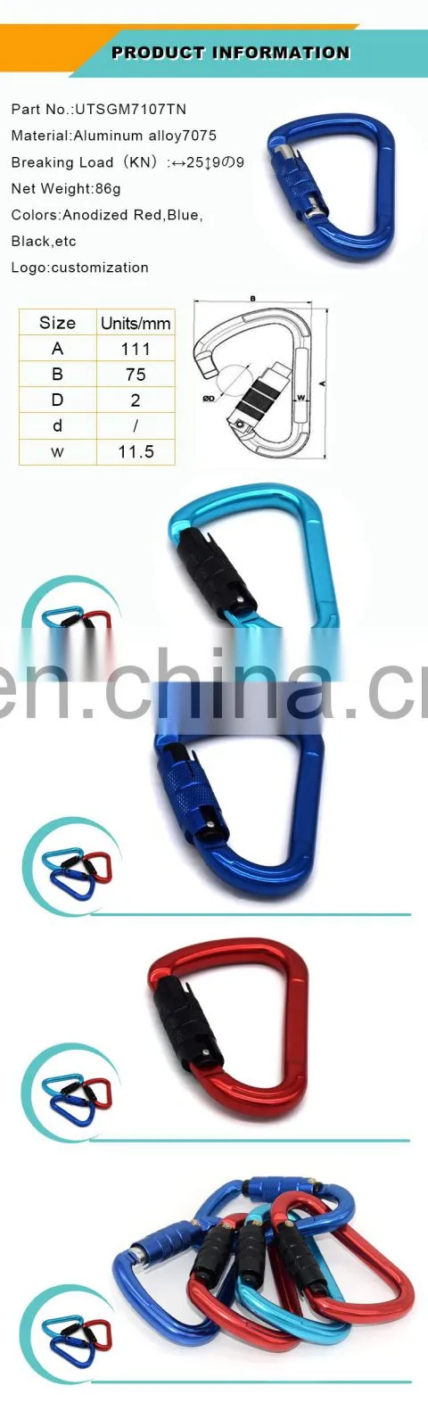 Aluminum gold black carabiner hook 25kn custom LOGO rescuing mountain/rock climbing twist locking snap karabiner