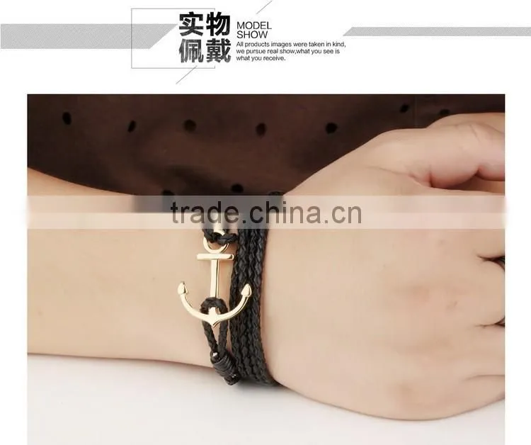 Multilayer handmade woven leather bracelet stainless steel gold boat anchor alloy charms man anchor bracelets