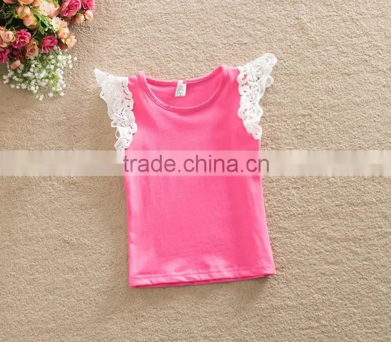 Ins New style kids boutique clothing colorful t-shirts fly sleve lace design pure cotton high quality newbron baby girls shirts