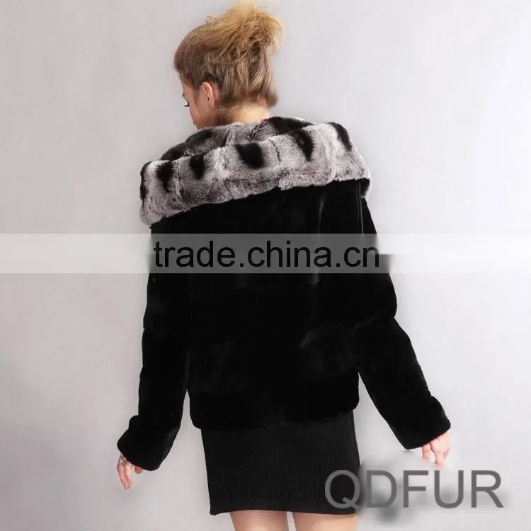 QD28050 Short Style Real Piece Rex Rabbit Fur Jacket with Hoody Outerwear Wholesale/retail