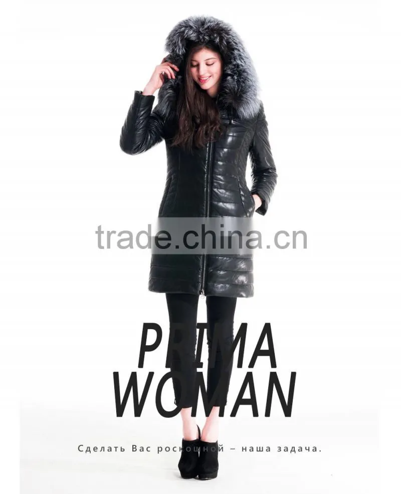 Winter Women Leather Medium Length Slim Fit Embroidered Coat With Brown Fox Hat Clothes