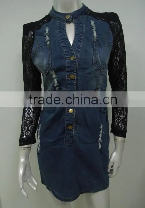 New arrival winter fashion high quality ladies denim dress,denim and lace dress wholesale China