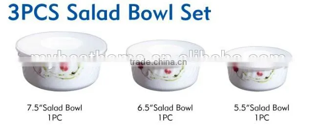 3pcs Salad Bowl Set with lids Heat Resistant Opal Glassware Microwave oven