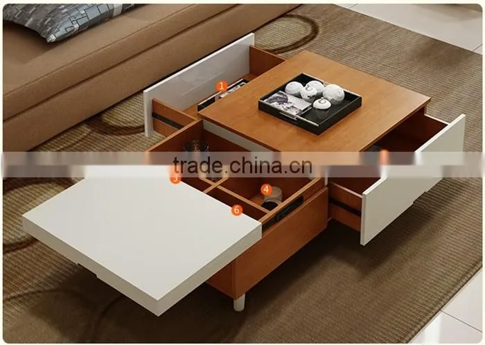 The glossy PVC white and wood grain coffee table